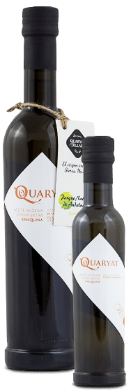 aceite de oliva virgen extra Quaryat arbequina. Aceite de cosecha temprana de Sierra Nevada calidad premium. 2 botellas de cristal negro en los formatos 500ml. y 250ml.