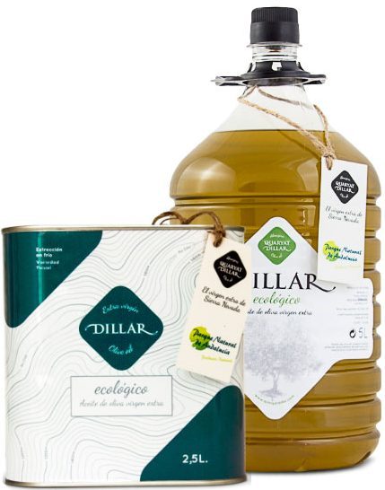 Dillar organic extra virgin olive oil. Organic Sierra Nevada oil in Granada, 5l format and 2.5-liter tin
