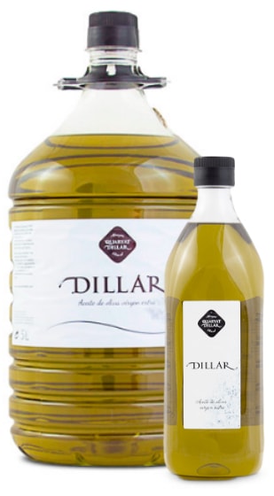 Aceite de oliva virgen Extra Dillar. Origen Sierra Nevada en Granada. Aceite de gran calidad. Foto de dos formatos, garrafa de 5litros y PET 1litro.