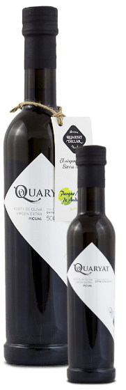 Botellas de aceite de oliva virgen extra Quaryat Picual de cosecha temprana. Aceite variedad premium de Sierra Nevada. 2 botellas de cristal negro en los formatos 500ml. y 250ml.