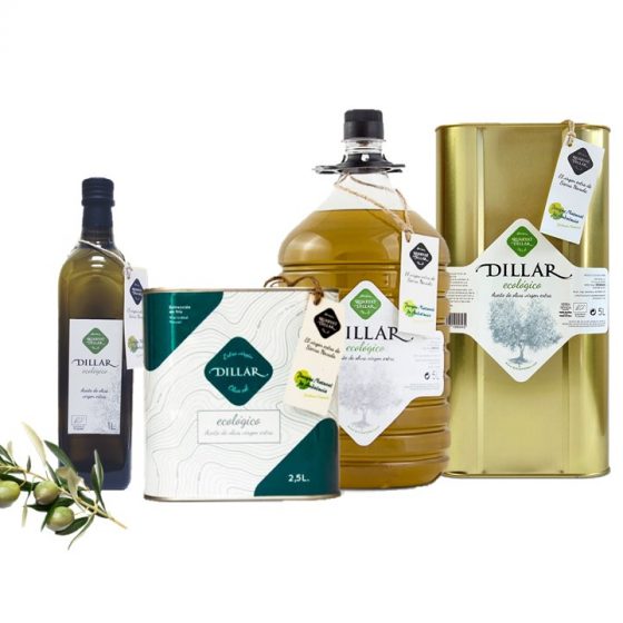 Dillar organic olive oil family. Picual organic extra virgin olive oil. semi early harvested oil, cold pressed. Varieties marasca 1 liter, tin can 2.5 and 5 liters and PET de 5 liters