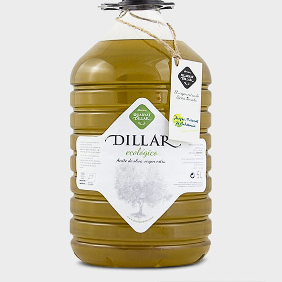 Garrafa de 5 litros de aceite de oliva virgen extra Dillar ecológico.
